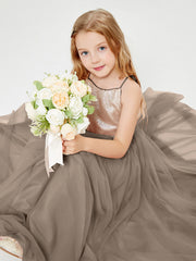 Abito Damigella Junior Lungo Top Con Paillettes Gonna In Tulle Tortora