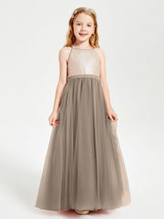 Abito Damigella Junior Lungo Top Con Paillettes Gonna In Tulle Tortora