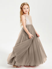 Abito Damigella Junior Lungo Top Con Paillettes Gonna In Tulle Tortora