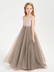 Abito Damigella Junior Lungo Top Con Paillettes Gonna In Tulle Tortora