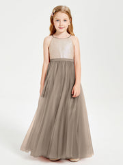 Abito Damigella Junior Lungo Top Con Paillettes Gonna In Tulle Tortora