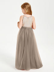 Abito Damigella Junior Lungo Top Con Paillettes Gonna In Tulle Tortora