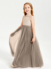 Abito Damigella Junior Lungo Top Con Paillettes Gonna In Tulle Tortora