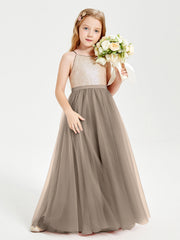 Abito Damigella Junior Lungo Top Con Paillettes Gonna In Tulle Tortora