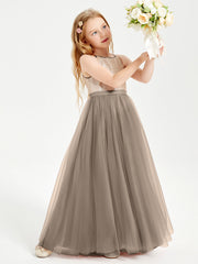 Abito Damigella Junior Lungo Top Con Paillettes Gonna In Tulle Tortora