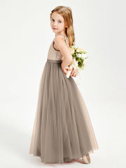 Abito Damigella Junior Lungo Top Con Paillettes Gonna In Tulle Tortora