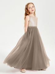 Abito Damigella Junior Lungo Top Con Paillettes Gonna In Tulle Tortora