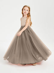 Abito Damigella Junior Lungo Top Con Paillettes Gonna In Tulle Tortora