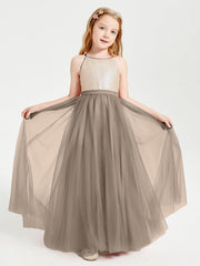 Abito Damigella Junior Lungo Top Con Paillettes Gonna In Tulle Tortora