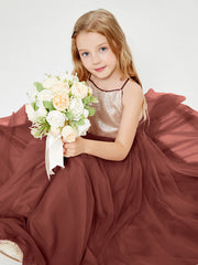 Abito Damigella Junior Lungo Top Con Paillettes Gonna In Tulle Terracotta