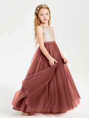 Abito Damigella Junior Lungo Top Con Paillettes Gonna In Tulle Terracotta