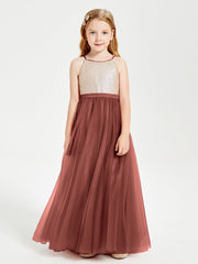Abito Damigella Junior Lungo Top Con Paillettes Gonna In Tulle Terracotta