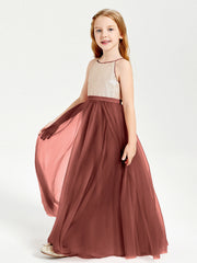 Abito Damigella Junior Lungo Top Con Paillettes Gonna In Tulle Terracotta