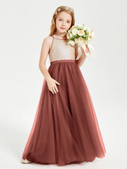 Abito Damigella Junior Lungo Top Con Paillettes Gonna In Tulle Terracotta