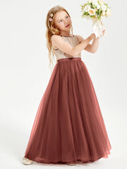 Abito Damigella Junior Lungo Top Con Paillettes Gonna In Tulle Terracotta