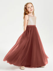 Abito Damigella Junior Lungo Top Con Paillettes Gonna In Tulle Terracotta