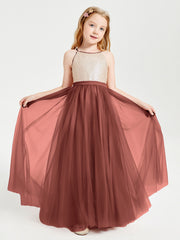 Abito Damigella Junior Lungo Top Con Paillettes Gonna In Tulle Terracotta
