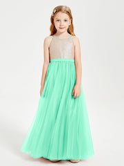Abito Damigella Junior Lungo Top Con Paillettes Gonna In Tulle Turchese