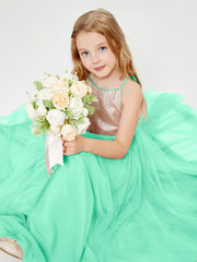 Abito Damigella Junior Lungo Top Con Paillettes Gonna In Tulle Turchese