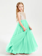 Abito Damigella Junior Lungo Top Con Paillettes Gonna In Tulle Turchese