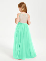 Abito Damigella Junior Lungo Top Con Paillettes Gonna In Tulle Turchese