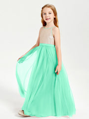 Abito Damigella Junior Lungo Top Con Paillettes Gonna In Tulle Turchese