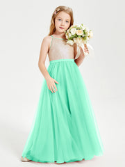 Abito Damigella Junior Lungo Top Con Paillettes Gonna In Tulle Turchese