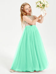 Abito Damigella Junior Lungo Top Con Paillettes Gonna In Tulle Turchese