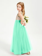 Abito Damigella Junior Lungo Top Con Paillettes Gonna In Tulle Turchese