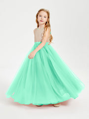 Abito Damigella Junior Lungo Top Con Paillettes Gonna In Tulle Turchese