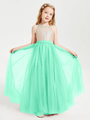Abito Damigella Junior Lungo Top Con Paillettes Gonna In Tulle Turchese