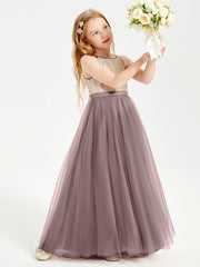 Abito Damigella Junior Lungo Top Con Paillettes Gonna In Tulle Malva Vintage