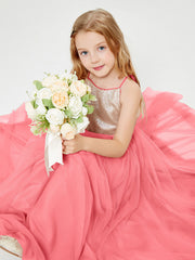 Abito Damigella Junior Lungo Top Con Paillettes Gonna In Tulle Cocomero