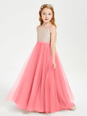 Abito Damigella Junior Lungo Top Con Paillettes Gonna In Tulle Cocomero