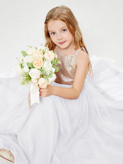 Abito Damigella Junior Lungo Top Con Paillettes Gonna In Tulle Bianco