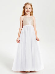 Abito Damigella Junior Lungo Top Con Paillettes Gonna In Tulle Bianco