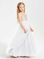 Abito Damigella Junior Lungo Top Con Paillettes Gonna In Tulle Bianco