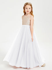 Abito Damigella Junior Lungo Top Con Paillettes Gonna In Tulle Bianco