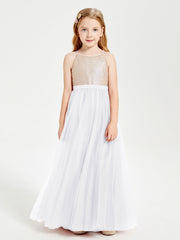 Abito Damigella Junior Lungo Top Con Paillettes Gonna In Tulle Bianco