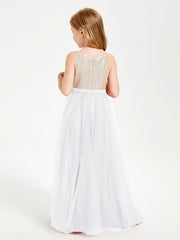 Abito Damigella Junior Lungo Top Con Paillettes Gonna In Tulle Bianco