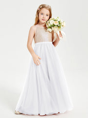 Abito Damigella Junior Lungo Top Con Paillettes Gonna In Tulle Bianco