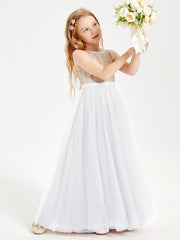 Abito Damigella Junior Lungo Top Con Paillettes Gonna In Tulle Bianco