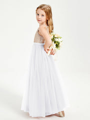 Abito Damigella Junior Lungo Top Con Paillettes Gonna In Tulle Bianco