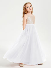 Abito Damigella Junior Lungo Top Con Paillettes Gonna In Tulle Bianco