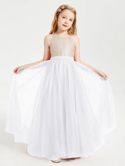 Abito Damigella Junior Lungo Top Con Paillettes Gonna In Tulle Bianco