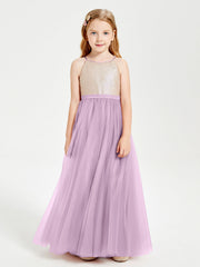 Abito Damigella Junior Lungo Top Con Paillettes Gonna In Tulle Glicine
