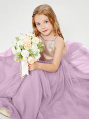 Abito Damigella Junior Lungo Top Con Paillettes Gonna In Tulle Glicine