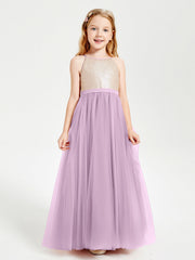 Abito Damigella Junior Lungo Top Con Paillettes Gonna In Tulle Glicine