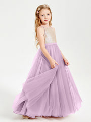 Abito Damigella Junior Lungo Top Con Paillettes Gonna In Tulle Glicine