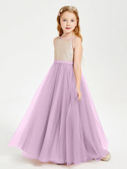 Abito Damigella Junior Lungo Top Con Paillettes Gonna In Tulle Glicine